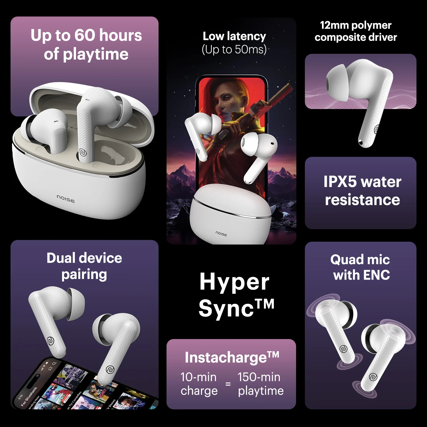 Noise Aura Buds in-Ear Truly Wireless Earbuds with 60H of Playtime, Quad Mic with ENC, Dual Device Pairing, Instacharge (10 min = 150 min), 12mm Polymer Composite Driver, BT v5.3 - Image 11