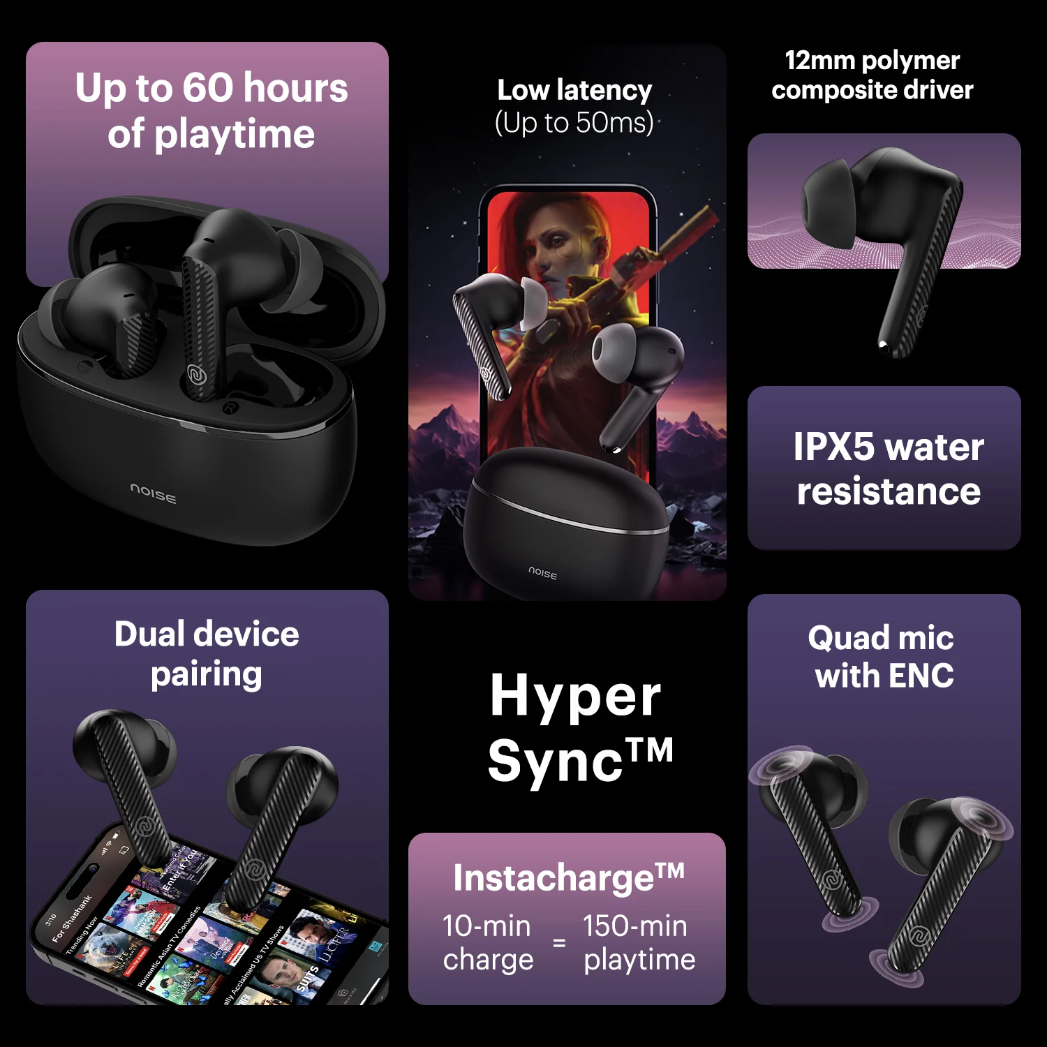 Noise Aura Buds in-Ear Truly Wireless Earbuds with 60H of Playtime, Quad Mic with ENC, Dual Device Pairing, Instacharge (10 min = 150 min), 12mm Polymer Composite Driver, BT v5.3 - Image 5